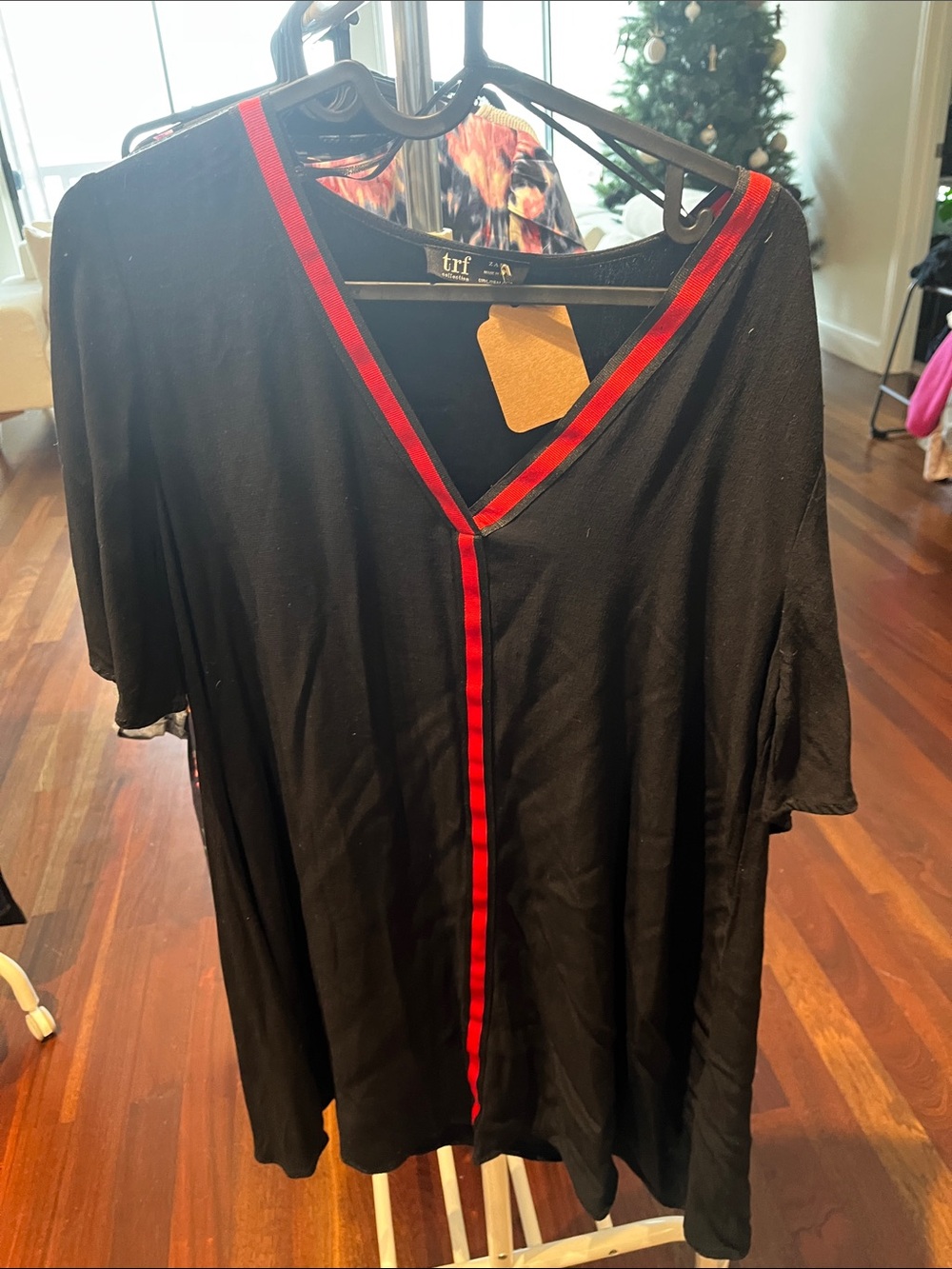 Trf Black V-Neck Dress with Red Trim